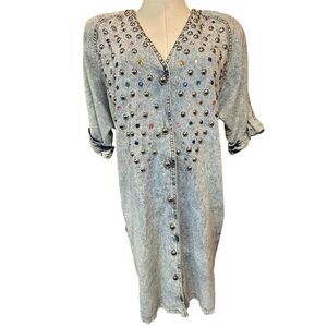 VINTAGE 80’s Made USA Studded Sequin Women SZ 3-4 Short Sleeve Denim Shirt Dress